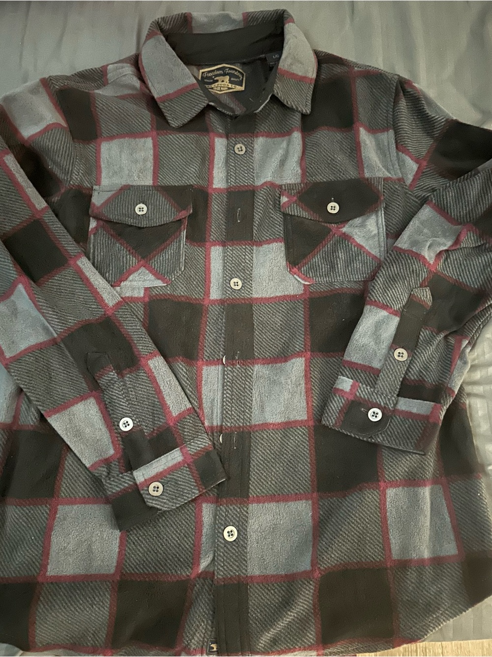 Men's Plaid Flannel Shirt Jacket - Gray & Black with Red Windowpane